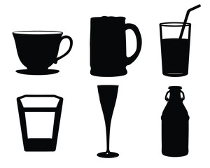 Diverse Drinkware Silhouettes Collection, Coffee Cup, Beer Mug, Champagne Flute, and Beverage Bottles Vector Set
