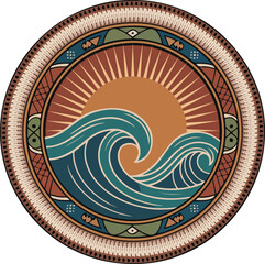 Obraz premium Circular Native American inspired sun and wave emblem vector