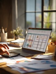 Una mano teclea en un portátil con una hoja de cálculo abierta, iluminada por la luz de la mañana.