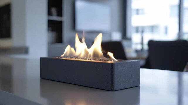 A portable table fire burns brightly in a modern indoor setting. The sleek design complements contemporary decor, providing warmth and ambiance.