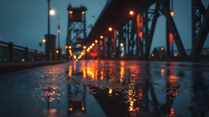 Rainy Night Reflections on a Wet Bridge with City Lights.