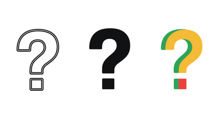 Three question mark symbols in different styles and colors