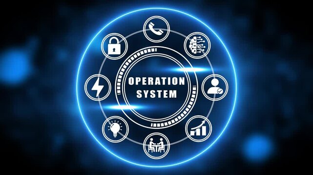 Operation System Concept with Digital Icons and Blue Neon Circle on Dark Background Keywords: operation, system, software, technology, digital, business, management, network, connection, data