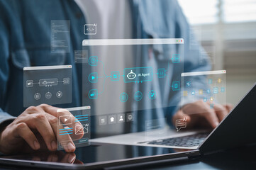 Developer using AI agent on laptop to automation digital workflow, generate media and process data for coding, analytics, and smart task. representing artificial intelligence technology integration