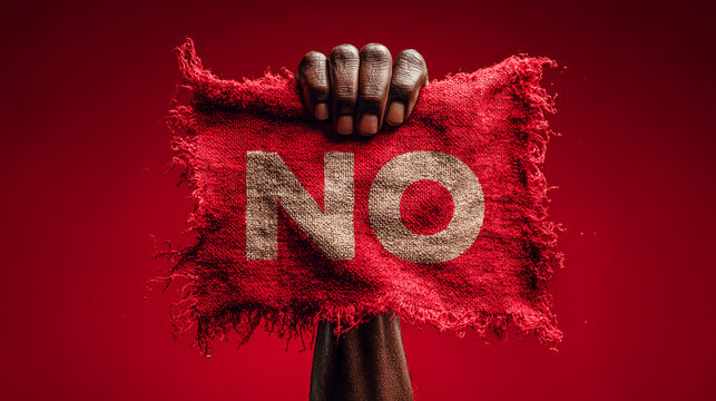 A dark skinned hand holding a red tattered banner with the word no.