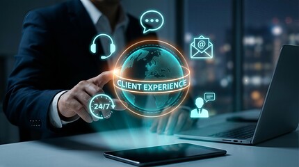 Businessman interacting with digital customer experience globe on tablet in modern office at night, technology and communication concept from side view