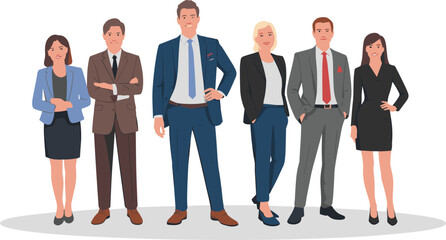 Fototapeta premium Group of six confident business professionals in formal attire standing together – corporate team vector for office, HR, and leadership concepts