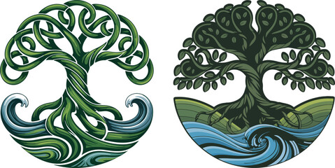 Stylized Celtic Tree of Life with Waves and Hills vector