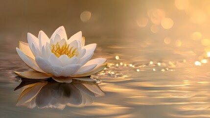 Serene White Lotus Flower Floating on Golden Water with Bokeh Lights.