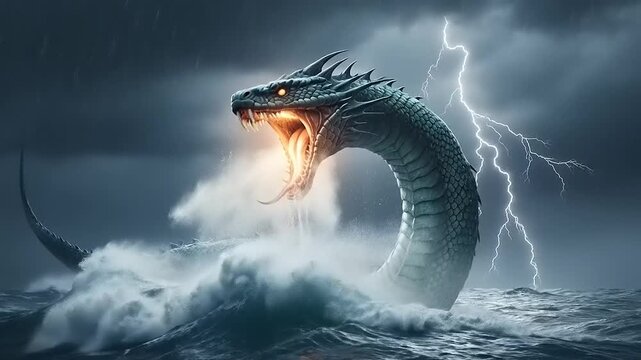 Mythical Sea Serpent Emerging from Stormy Waters with Glowing Eyes and Icy Scales.