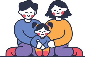 Happy cartoon family sitting together with child, love, parenting, bonding, protection, smiling parents, modern flat style vector illustration