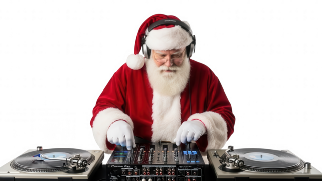 Santa Claus DJ Spinning Records with Headphones on Black Background - Powered by Adobe