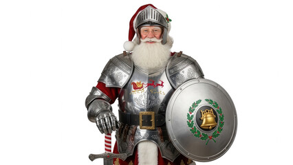 Fototapeta premium Santa Claus in Medieval Armor with Shield and Sword on Black Background