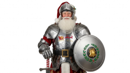 Santa Claus in Medieval Armor with Shield and Sword on Black Background