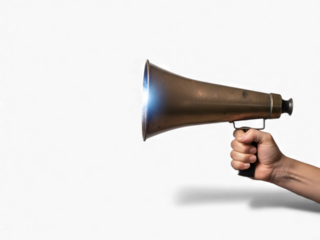 Close up of a hand holding an old vintage megaphone with a bright light emanating from the speaker isolated on a black background isolated on white background isolated on transparent background
