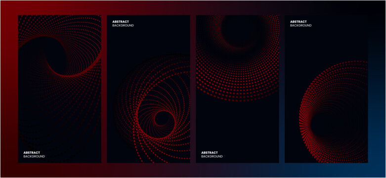 Set of four abstract dark backgrounds with dynamic red dotted spiral patterns. These modern, futuristic, and technological designs are perfect for posters, social media stories, mobile wallpapers.