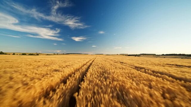 Wide golden wheat field extends toward the horizon under a bright blue sky, framed by wispy clouds!!