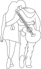 Minimal Line Art Couple Walking With Guitar