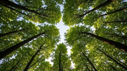 Fototapeta premium Sunlight streaming through bright green summer leaves and tree branches in the forest