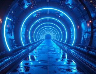 Futuristic hallway with neon blue lights and reflective floor