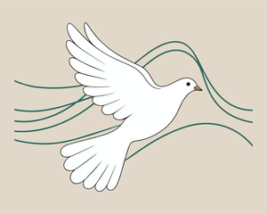 Vector White dove flying with green wavy lines bird