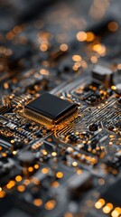 Close up of a central processing unit on a circuit board with bokeh