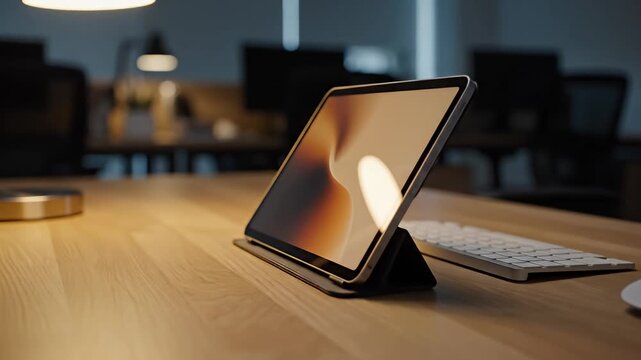 Modern Workspace - Tablet, Keyboard, and Mouse on Wooden Desk.