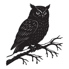 Silhouette black of owl perched on branch vector illustration