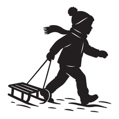 Silhouette black of a child happily pulling a sled through the snow vector illustration