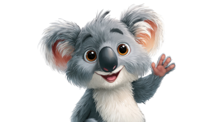 Cute koala cartoon character waving happily, friendly animal mascot illustration isolated on white background for kids design
