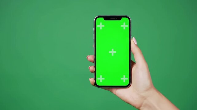 Hand holding a smartphone with a green screen and tracking markers.