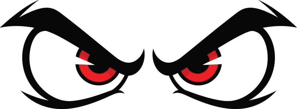 Cartoon eyes with red pupils and curved eyebrows a fierce expression on transparent background