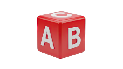 A Single Glossy Red Cube Featuring White Letters A B and C Displayed on Each Side Against a Transparent Background with Subtle Lighting Accents