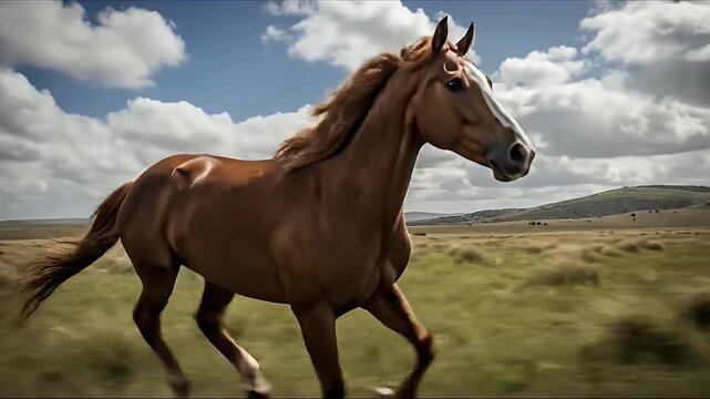 Powerful chestnut horse galloping freely across a grassy field under a blue sky