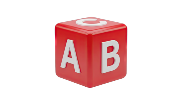A Single Glossy Red Cube Featuring White Letters A B and C Displayed on Each Side Against a Transparent Background with Subtle Lighting Accents - Powered by Adobe