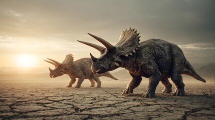Fototapeta premium Two Triceratops Dinosaurs Walking in a Dry Arid Landscape at Sunset.