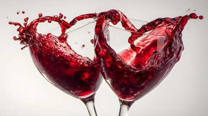 Two wine glasses clinking with red wine splashing dynamically.
