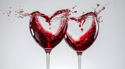 Two Wine Glasses Splashing Red Wine in Heart Shape.