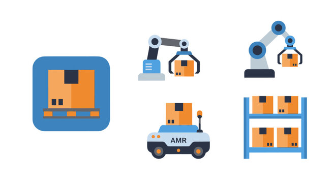 Automated warehouse logistics icons featuring robots AMR and shelving.