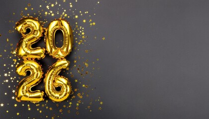 Metallic Gold Foil Balloons 2026 on Dark Background With Star Confetti and Copy Space for New Year Celebration