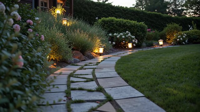Modern backyard with pergola and fire pit concept. Enhanced by soft lighting along a stone path surrounded by blooming flowers.