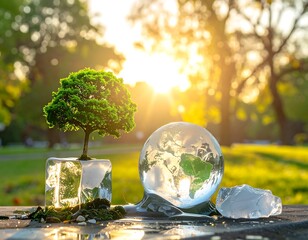 Tree and globe in ice cubes under sun, symbolizing global warming