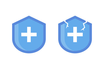 Obraz premium Medical protect secure shield icon set. Shield with cross mark. Healthcare, medicine, hospital, antivirus, immune, prevention, safety concepts. Flat vector design isolated illustration.