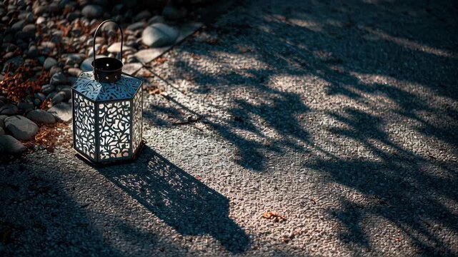 Modern backyard with lantern casting shadows on a textured path, surrounded by pebbles and foliage.