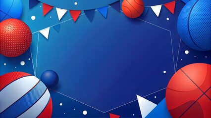 Vibrant red, white, and blue basketballs with festive pennant banners framing a geometric copy space for a sports event concept and graphic design background