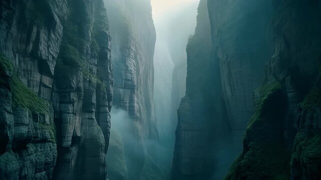 Foggy gorge with steep, textured rock faces & sparse greenery shrouded in mist