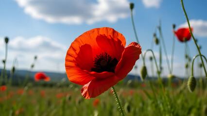 A stunning red poppy stands majestically in a sprawling green field under a brilliant blue sky, its delicate petals open to the sunlight, evoking feelings of natural beauty and tranquility