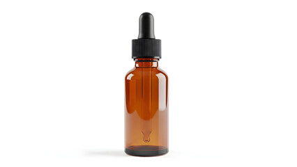 Empty amber glass dropper bottle with black cap on white background, perfect mock-up for essential oils, cosmetic serums, medical liquids, or aromatherapy products
