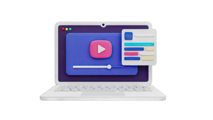 A Realistic 3D Render of an Open White Laptop Displaying a Modern Video Player Interface with Play Button and Progress Bar on a Transparent Background