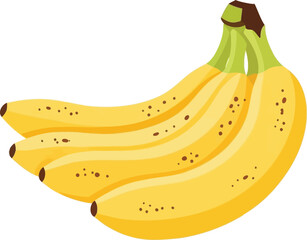 A vibrant bunch of four ripe bananas with detailed spots on transparent background